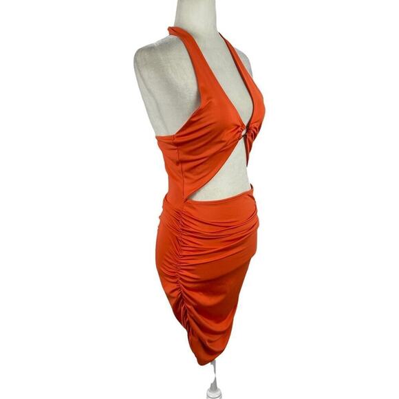Sheseeworld Cut Out Mini Dress Sleeveless Halter Neck Ruched Dress Orange SZ M - Picture 4 of 10
